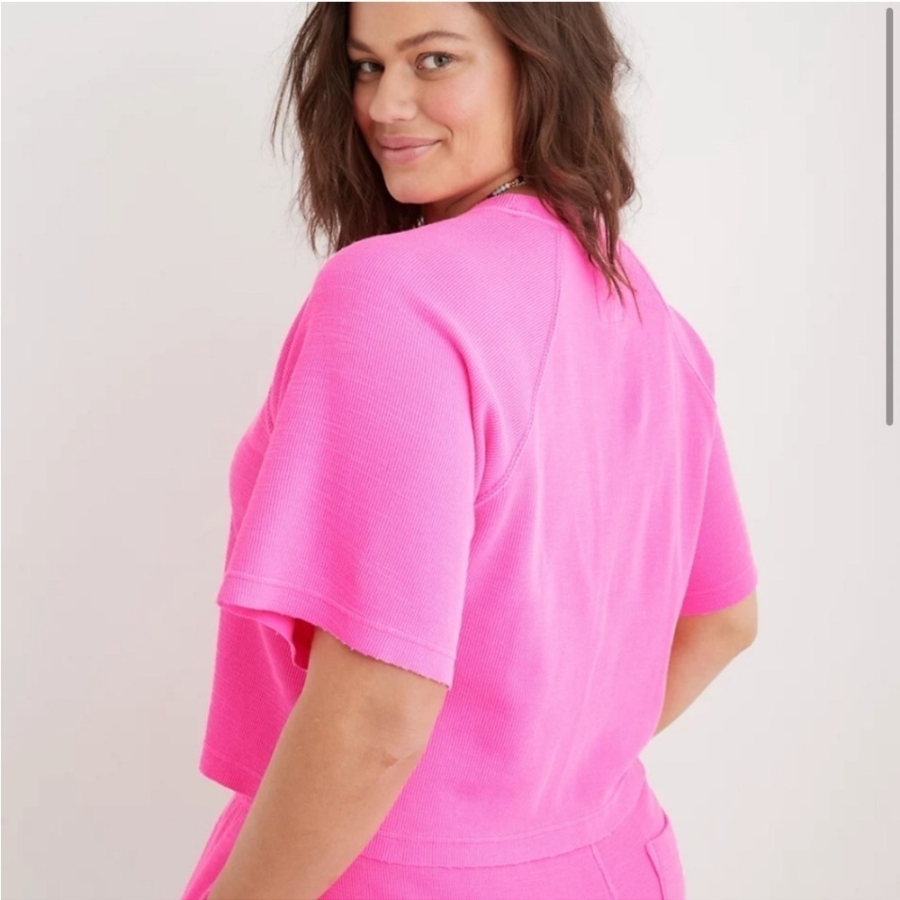 Aerie Lightweight Ribbed Short Sleeve Sweatshirt XL Pink Infusion